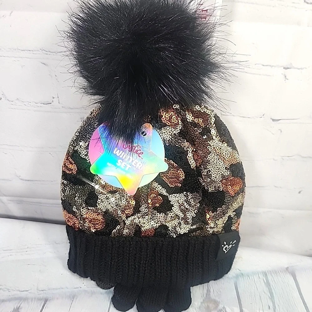 Justice Girls Cheetah BLK Sequin Ribbed Beanie w/faux fur & Gloves 2-Piece Set